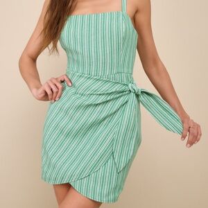 Lulus Lighthearted Vibes Green And Ivory Striped Side-tie Mini Dress - Size M